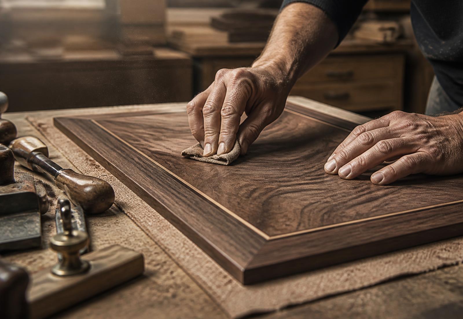 Craftsman hand-finishing a bespoke veneered joinery panel in a specialist workshop