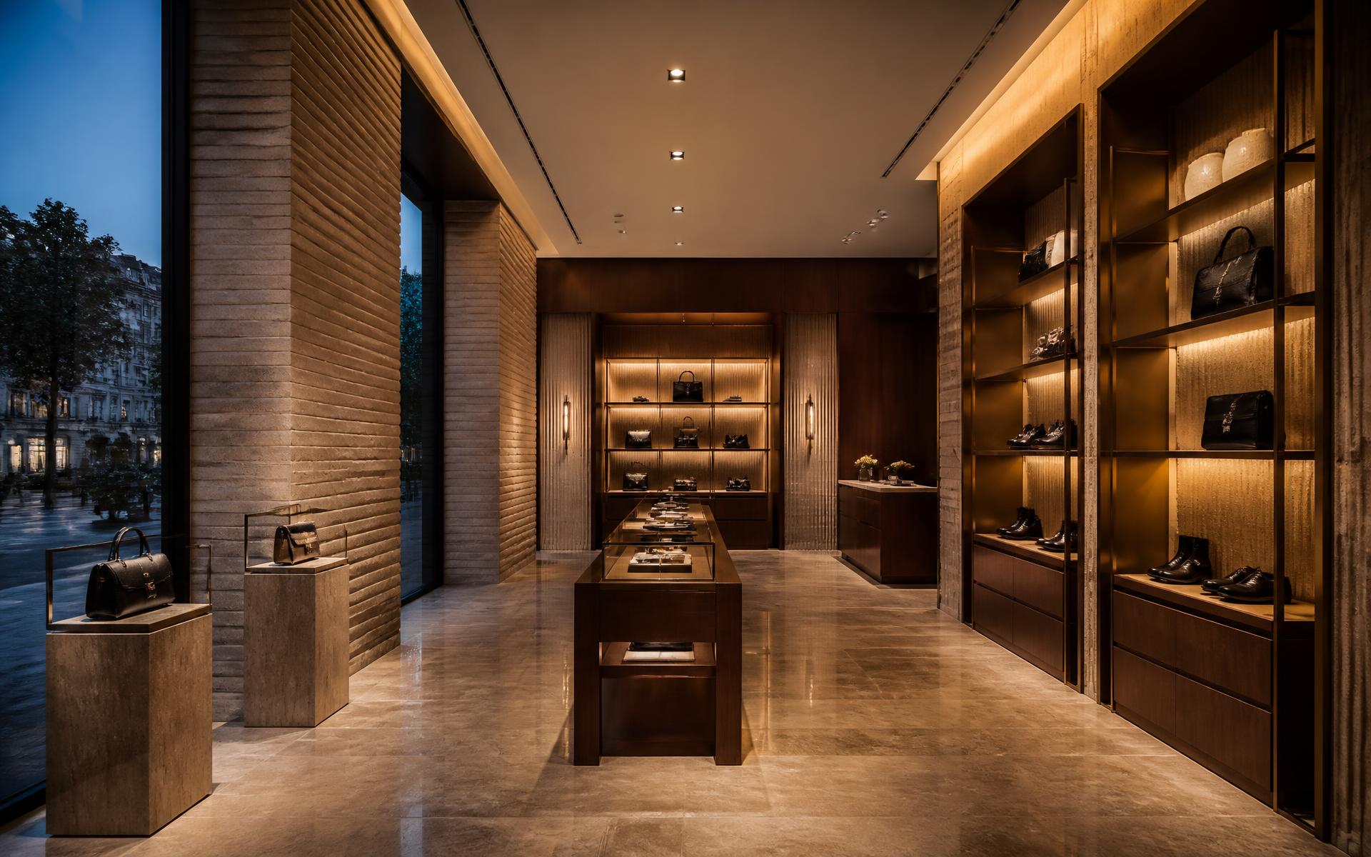 Completed luxury flagship retail interior in fluted stone, bronze and walnut at dusk