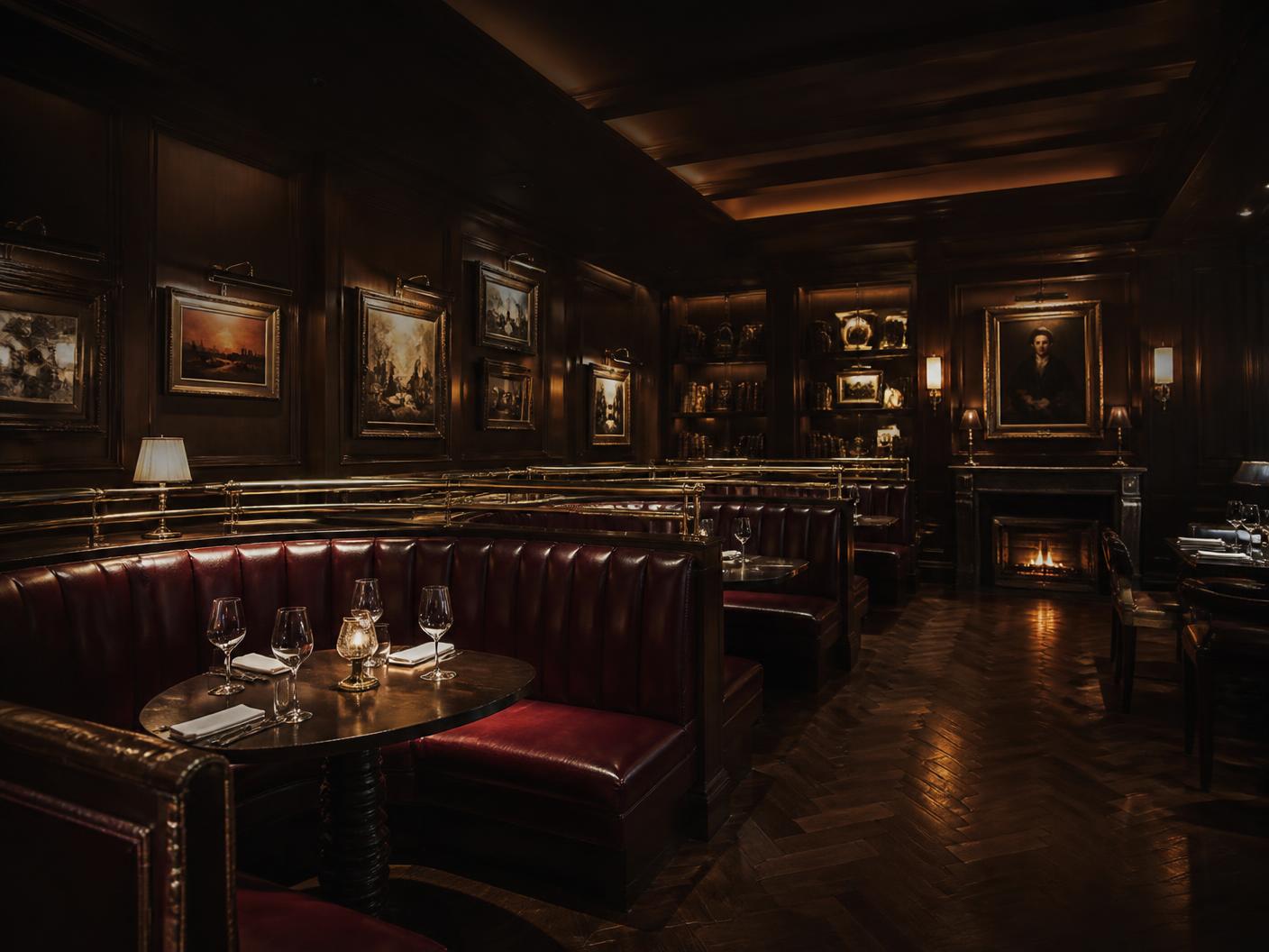 Intimate private members club dining room with oxblood leather banquettes and dark panelling