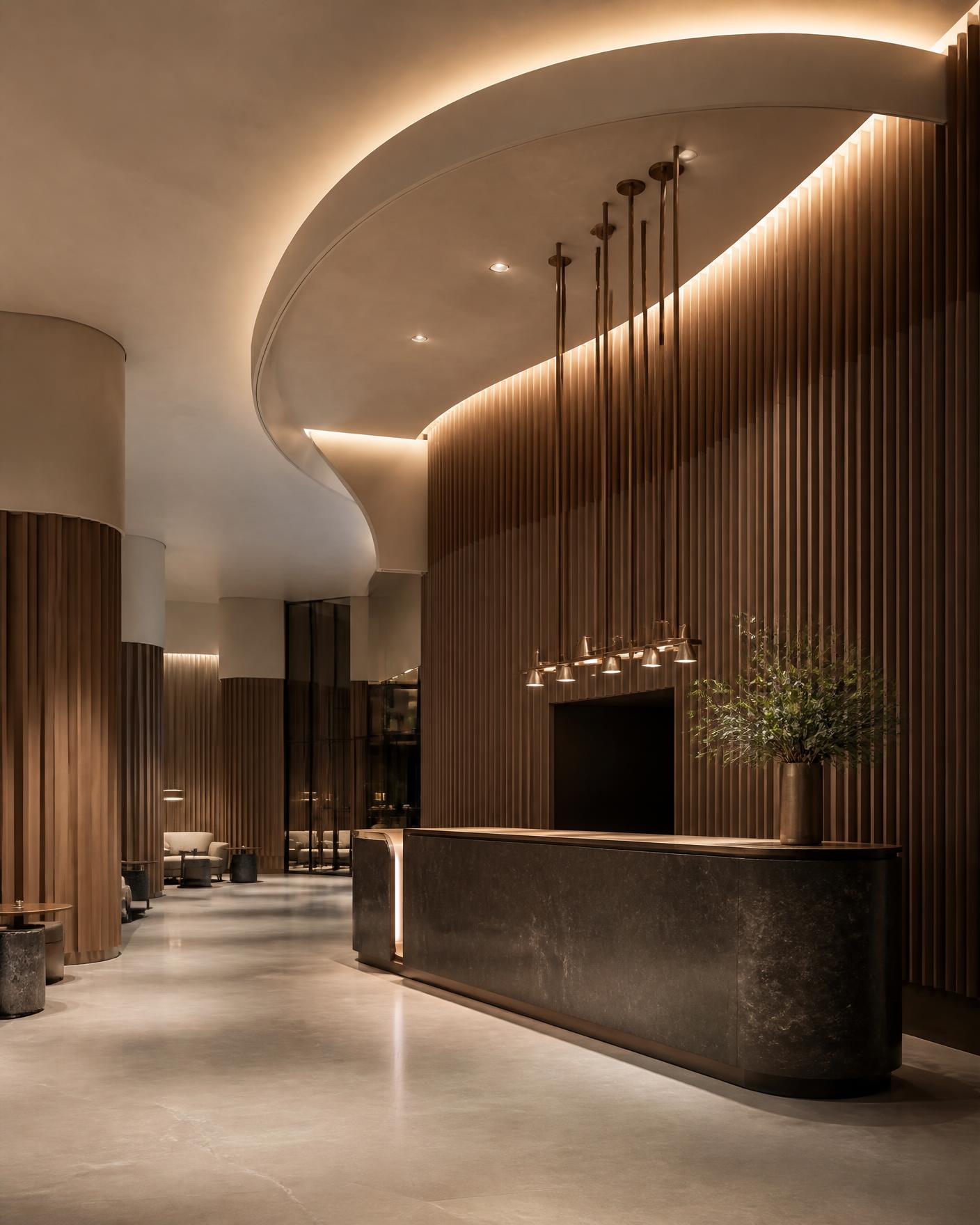 Luxury hotel lobby with curved plaster ceiling, ribbed timber screens and dark stone reception desk
